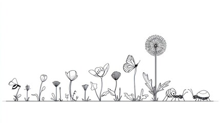 Black and white illustration of various plants, insects, and a butterfly in a simple line art style