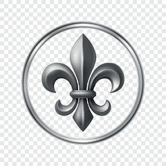 Vector 3d Silver Fleur De Lis Symbol in Round Frame. Elegant Royal Emblem. Classic French Heraldic Icon. Luxury Fleur De Lis Sign. Logo Design, Badge, Noble Decoration, Vintage Ornament