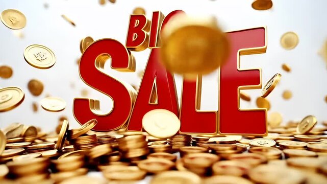 Holiday shopping season. Retail business promotion concept. 3D rendered gold coins with the word SALO prominently displayed in the center, surrounded by floating golden coins.