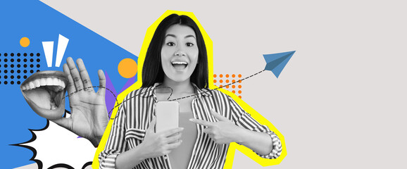 A vibrant collage features a person happily holding a smartphone while pointing at it. The background includes playful elements, showing excitement and modern communication trends.