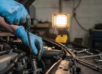Mechanic Wearing Blue Gloves Tightening Cap on Car Engine With Bright Yellow Work Light Illuminating the Scene