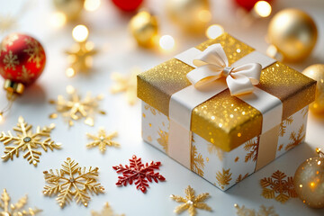 Elegant gold gift box with white ribbon surrounded by golden ornaments and snowflake decorations on festive background. Generative AI.