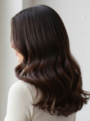 Naklejka premium A striking rear view of a woman with beautiful hair dyed a vibrant dark brown color.