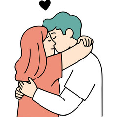 Couple Embracing and Kissing with Eyes Closed in Minimalist Style Soft Peach and Teal Colors on Black Background Simple Illustration Romantic Moment