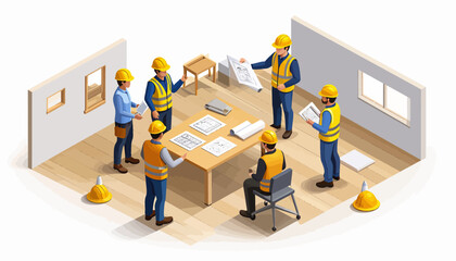 Isometric Construction Vehicles and Workers Set with Excavators, Dump Trucks, and Cranes on White Background