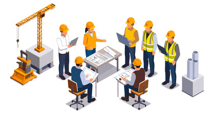 Isometric illustration of construction team meeting. Engineers and workers discuss building project blueprints with crane and cargo.