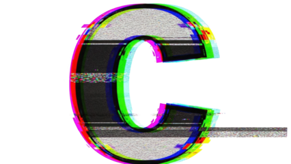 Glitch VHS letter C with heavy chromatic vibration and static grain on white background