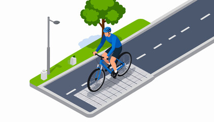 Isometric illustration of a cyclist riding a bicycle on a road next to a park, depicting urban transport, sport, and healthy lifestyle.