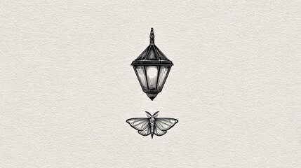 Monochrome illustration of a detailed lantern with a moth beneath it against a textured background