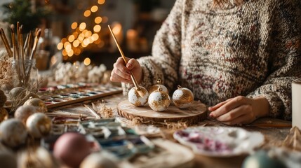 Cozy female hands painting white Christmas bauble in neutral beige tones, perfect DIY holiday flat lay for blogs and social media.