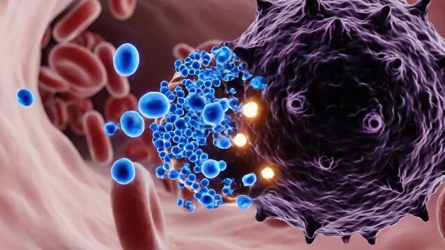 Red blood cells flowing through bloodstream. Purple spiky virus particle among them. High-end medical visualization of viral infection in human body.