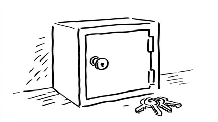 Black and white illustration of a small safe with keys. A simple drawing style