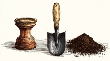 A trowel, terracotta pot, and pile of soil, depicted with shaded linework on white