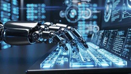 Robotic hand typing on glowing keyboard. Futuristic automation and ai interaction with digital screens. Cyber technology and robotics in data processing interface. - Powered by Adobe