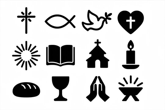 Christian symbols in a minimalist linear style against a black background