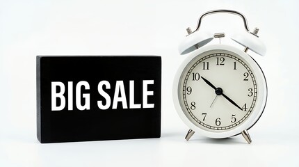 A black sign displaying BIG SALE sits next to a white analog alarm clock with its hands pointing to almost ten o'clock on a white surface with ample copy space time discount promotion