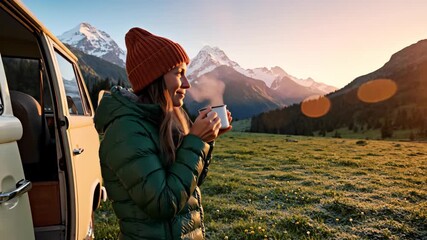 Young woman enjoying hot drink outside camper van. Scenic snowy mountains at sunset. Outdoor adventure travel and nature relaxation concept. - Powered by Adobe