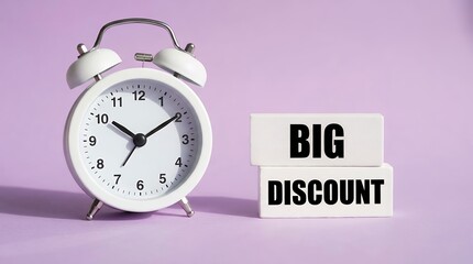 A white retro alarm clock stands next to two white blocks stacked with text that reads BIG and DISCOUNT against a plain lavender background sale time offer promotion shopping savings