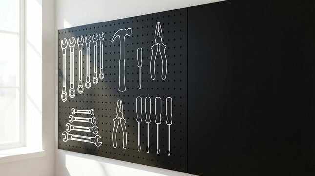 well-organized black tool board with outlined tools in minimalist workshop lighting