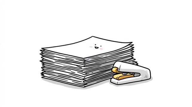 Cartoon stack of paper with a smiling face and a stapler next to it on a white background