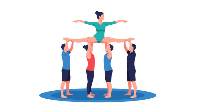Group of diverse people in athletic attire form a human pyramid with a woman in teal leotard balancing on top demonstrating flexibility and teamwork in a blue circular mat area against a black