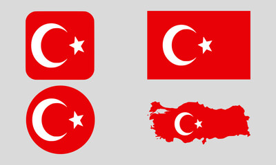 Turkey Flag Icon Set in Square, Round, and Map Shapes. Clean Modern Collection. Perfect for use in apps, websites, presentations, infographics, educational materials, travel content.