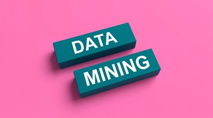 Two teal colored blocks with white text 'DATA' and 'MINING' placed on a bright pink background casting a soft shadow Data Mining Information Technology Analysis Big Data Insights Database