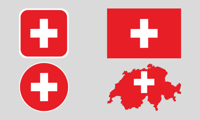 Switzerland Flag Icon Set in Square, Round, and Map Shapes. Clean Modern Collection. Perfect for use in apps, websites, presentations, infographics, educational materials, travel content.