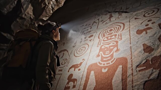 Woman explorer shining headlamp on ancient cave wall art. Illuminating prehistoric rock paintings of human figures. Archaeology adventure and discovery in underground cavern concept.