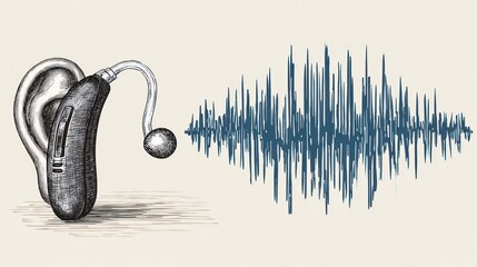 Artistic depiction of an ear with a hearing aid and a graphic sound wave on a beige background