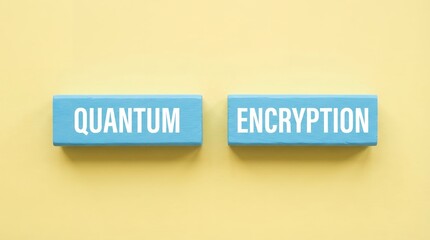 Two blue wooden blocks with white text one saying QUANTUM and the other ENCRYPTION placed side by side on a plain yellow background Quantum Encryption Technology Security Data Science