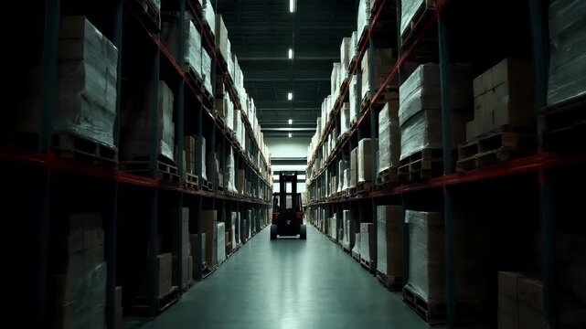Holiday shopping season. Retail business promotion concept. Awarehouse interior with tall shelving units filled with boxes and pallets. The warehouse floor is illuminated by overhead lights.