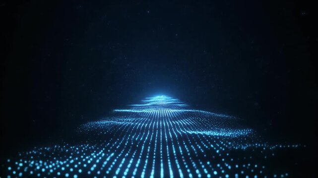 暗い抽象的な空間の中で、前方へ向かう光の道が徐々に形づくられていく映像です。
光のパスに沿って粒子が一歩ずつ起動し、進行や選択のプロセスを象徴します。