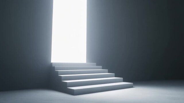 白を基調とした空間に、ミニマルな階段が上方向へと伸びていく映像です。
階段の先には柔らかな白い光が広がり、進歩と野心を象徴します。