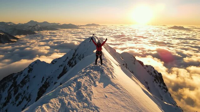 Man standing triumphantly on snowy mountain summit at sunset. Mountaineer holding ice axe above clouds and peaks. Aerial drone view capturing adventure achievement and outdoor exploration concept