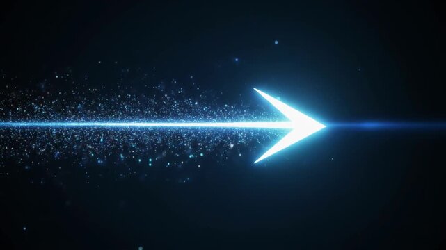 暗い空間の中を、発光する矢が一直線に前進していく抽象映像です。
矢の軌跡には粒子がきらめき、目標達成や成功への加速を象徴します。