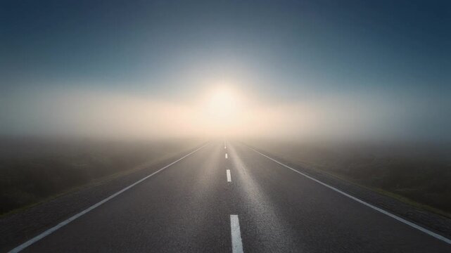 霧に包まれた一本道が、明るい地平線へと静かに続いていく映像です。
青白い朝の光と逆光が、未来・希望・前進といったテーマを象徴します。