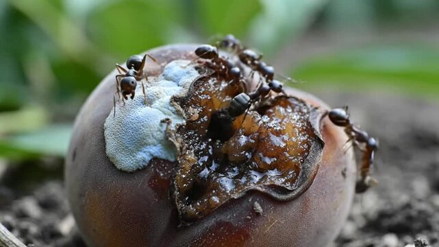A colony of ants swarms over a decaying, moldy fruit on the ground, showcasing nature's decomposition process and insect activity.