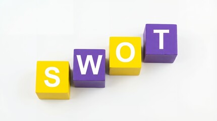 Yellow and purple wooden blocks spell out SWOT symbolizing strategic analysis and business planning set against a clean white background strategy concept letters education learning