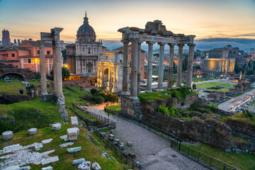 Naklejka premium Roman forum ruins at sunrise in Rome with Inscription 