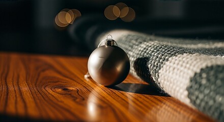 A single matte Christmas bauble resting on a polished wooden table next to a striped blanket with bokeh lights in the background.