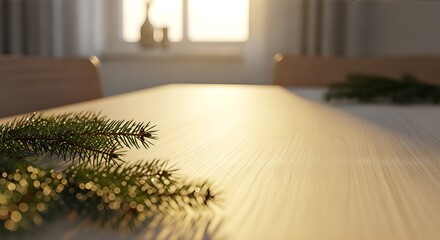 Close-up of a wooden table with a fresh spruce branch bathed in warm sunlight.