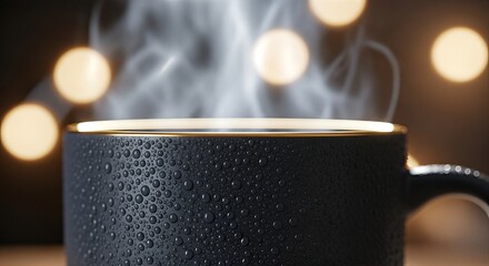 A close-up shot of a black ceramic mug with a golden rim, covered in condensation, with steam rising from a hot beverage against a bokeh background of warm lights.