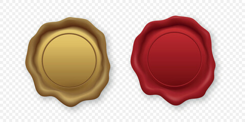 Vector 3d Realistic Wax Seal Icon Set. Red Wax Seal and Gold Wax Seal. Realistic Vintage Stamp for Certificate, Envelope, Letter, Branding, Logo, Document Closure, Invitation, Wedding, Isolated