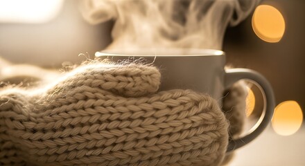 A person's hand in a warm, knitted mitten gently holds a steaming mug, evoking a cozy and comforting winter feeling.