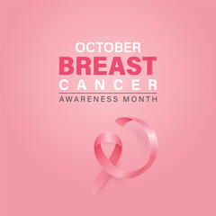 Breast Cancer Awareness Poster, Vector Illustration. October Pink Ribbon Illustration. Breast Cancer Awareness Month Square Banner with Silk Realistic Pink Ribbon. Health Campaign Background