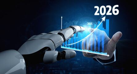 A conceptual image showcasing a robotic hand interacting with digital graphs and numerical data, symbolizing future trends in business growth and innovation for 2025 to 2026. Tessel
