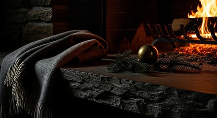A cozy indoor scene with a warm fire burning in a fireplace, a draped blanket, and festive decorations on a stone mantelpiece.