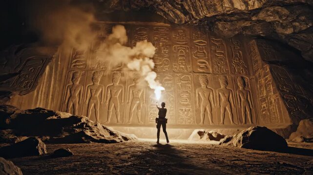 Woman adventurer holding lit flare in dark rocky cave. Explorer illuminating underground cavern with emergency light during exploration. Survival and discovery concept in wilderness.