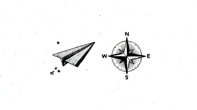 Black and white illustration with paper airplane, tiny stars, and a compass rose